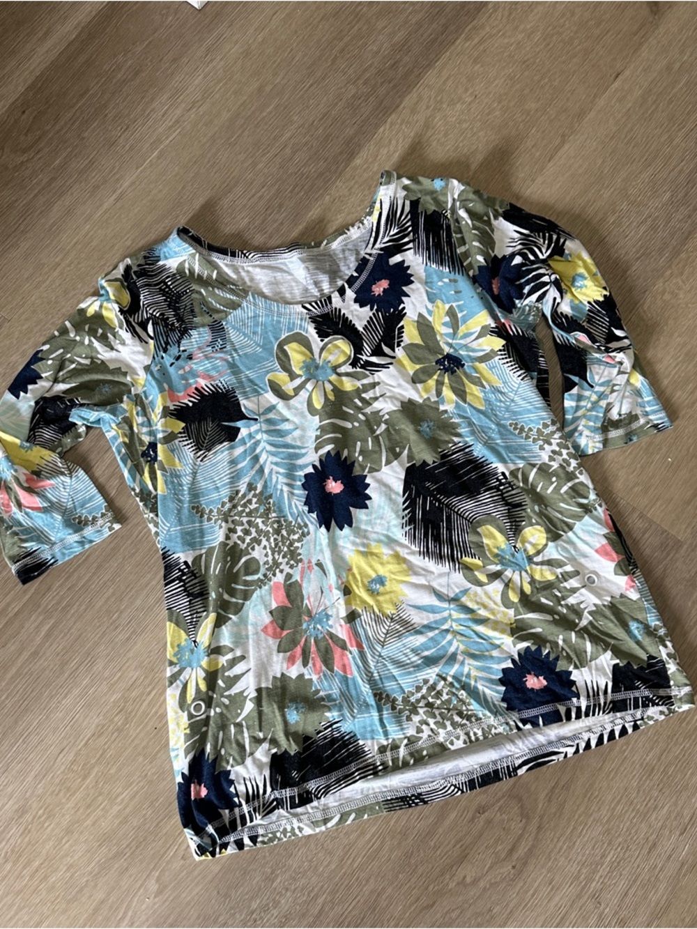 Talbots Tropical Floral Short Sleeve Tee - Blue, Green, Yellow